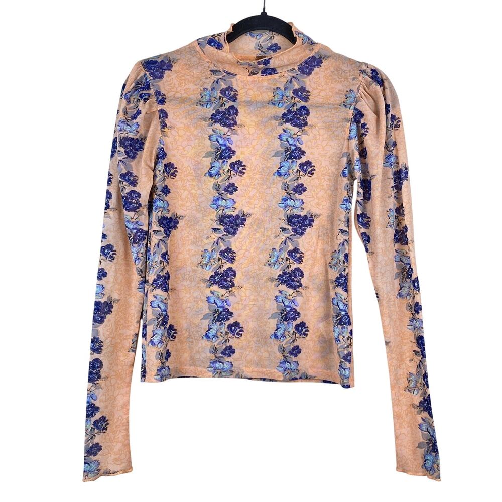 Free People Amber Semi Sheer Floral Print Mock Neck Top Womens Sz XS Boho Retro